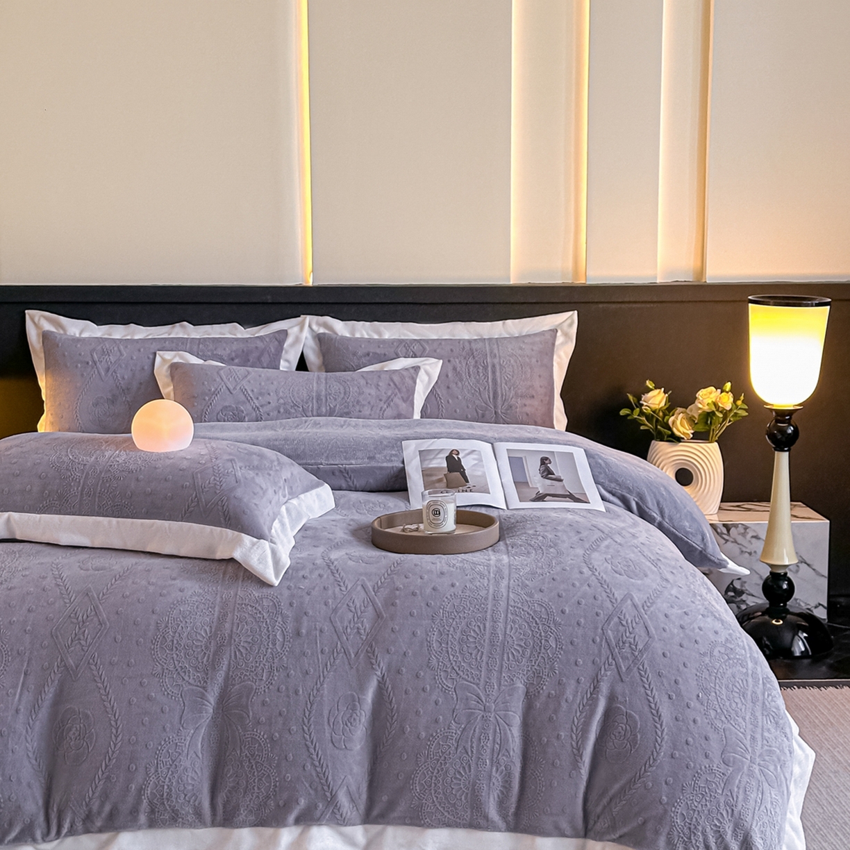 91家纺网 家纺一手货源 找家纺 亿梵家居  2025秋冬新款-拼角款A类全消光牛奶绒立体5D雕花绒四件套 夏洛特-香芋紫