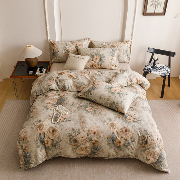 91家纺网 家纺一手货源 找家纺 爱思佳 2025新款棉麻数码印花四件套 复古花语-绿