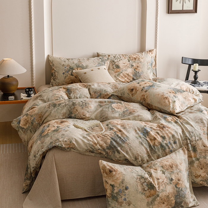 91家纺网 家纺一手货源 找家纺 爱思佳 2025新款棉麻数码印花四件套 复古花语-绿