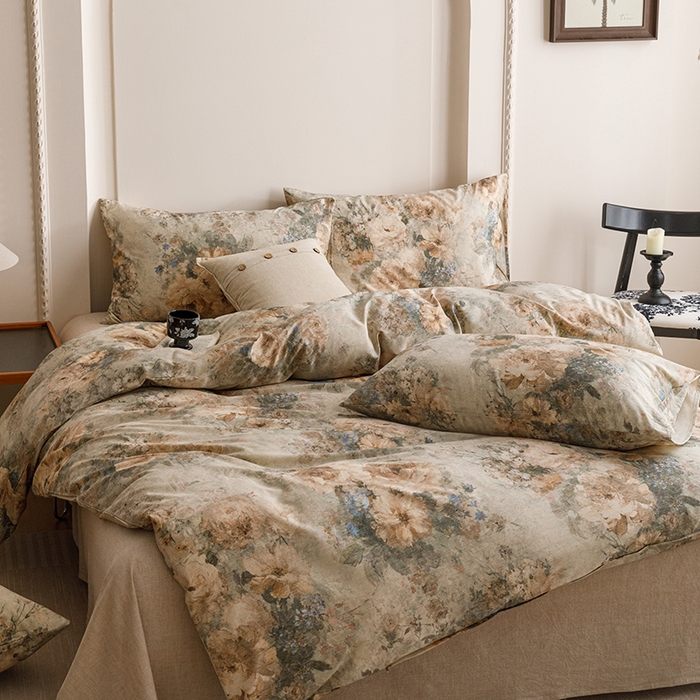 91家纺网 家纺一手货源 找家纺 爱思佳 2025新款棉麻数码印花四件套 复古花语-绿