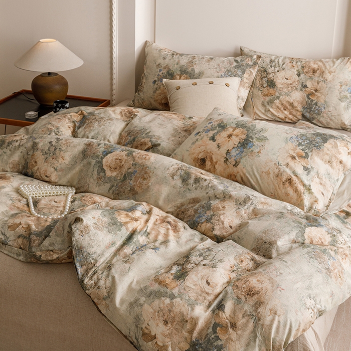 91家纺网 家纺一手货源 找家纺 爱思佳 2025新款棉麻数码印花四件套 复古花语-绿