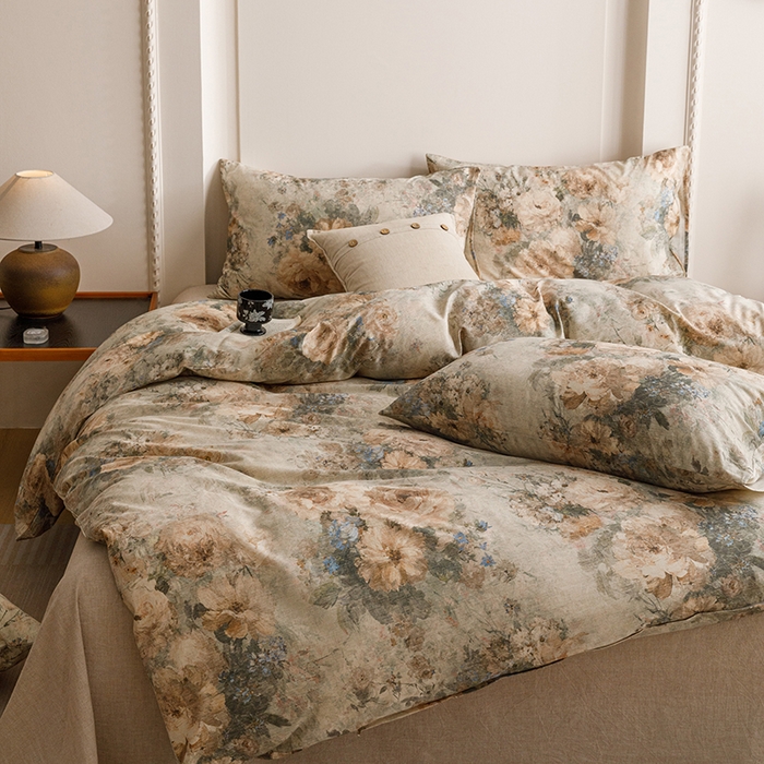 91家纺网 家纺一手货源 找家纺 爱思佳 2025新款棉麻数码印花四件套 复古花语-绿