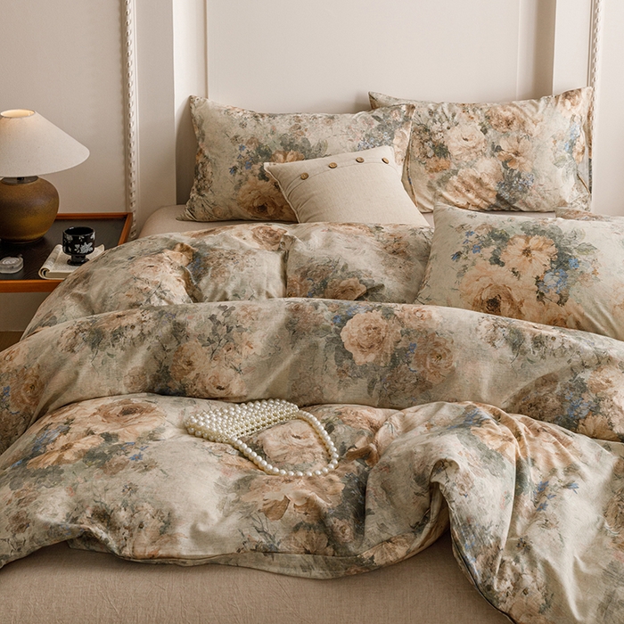 91家纺网 家纺一手货源 找家纺 爱思佳 2025新款棉麻数码印花四件套 复古花语-绿