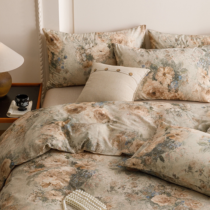 91家纺网 家纺一手货源 找家纺 爱思佳 2025新款棉麻数码印花四件套 复古花语-绿