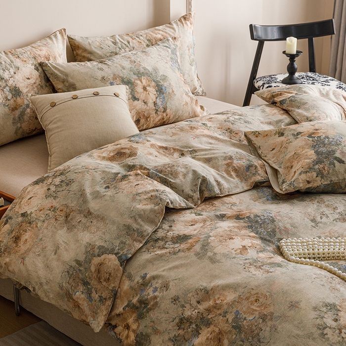 91家纺网 家纺一手货源 找家纺 爱思佳 2025新款棉麻数码印花四件套 复古花语-绿