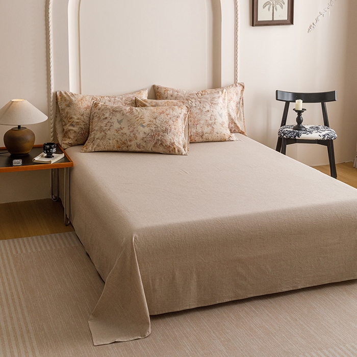 91家纺网 家纺一手货源 找家纺 爱思佳 2025新款棉麻数码印花四件套 花蝶-咖