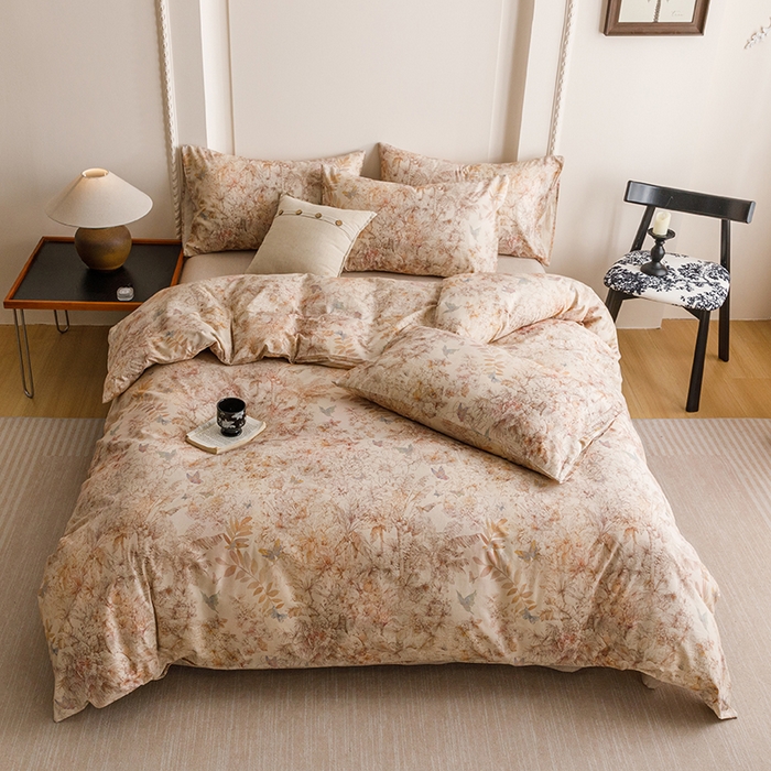 91家纺网 家纺一手货源 找家纺 爱思佳 2025新款棉麻数码印花四件套 花蝶-咖