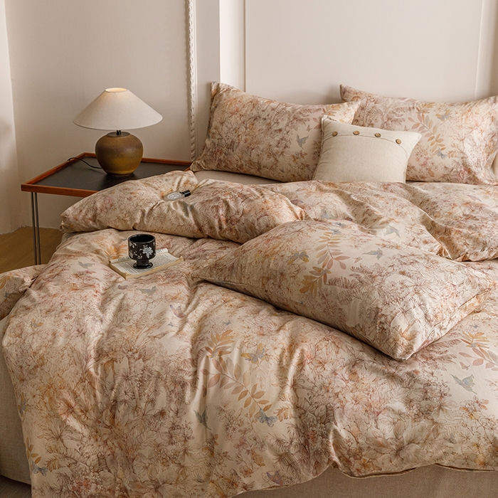 91家纺网 家纺一手货源 找家纺 爱思佳 2025新款棉麻数码印花四件套 花蝶-咖