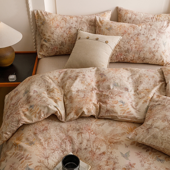 91家纺网 家纺一手货源 找家纺 爱思佳 2025新款棉麻数码印花四件套 花蝶-咖