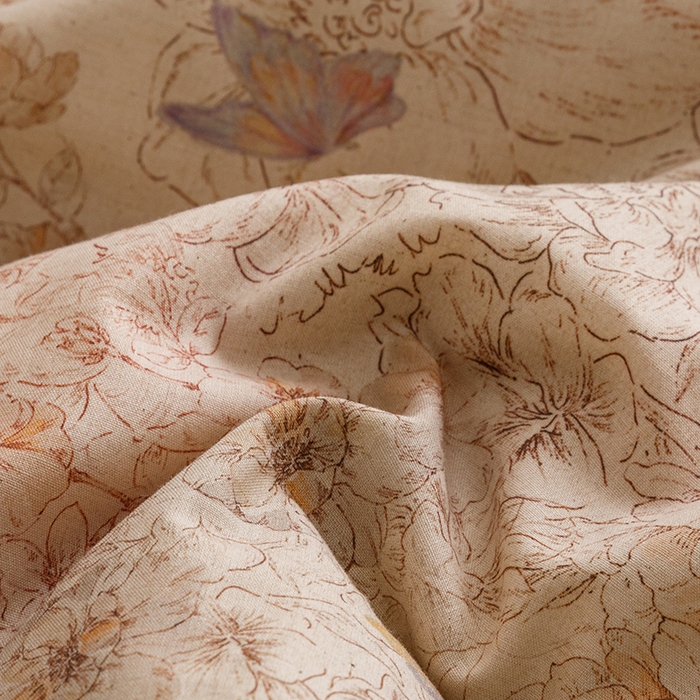 91家纺网 家纺一手货源 找家纺 爱思佳 2025新款棉麻数码印花四件套 花蝶-咖