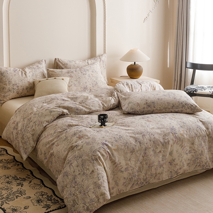 91家纺网 家纺一手货源 找家纺 爱思佳 2025新款棉麻数码印花四件套 花蝶-紫