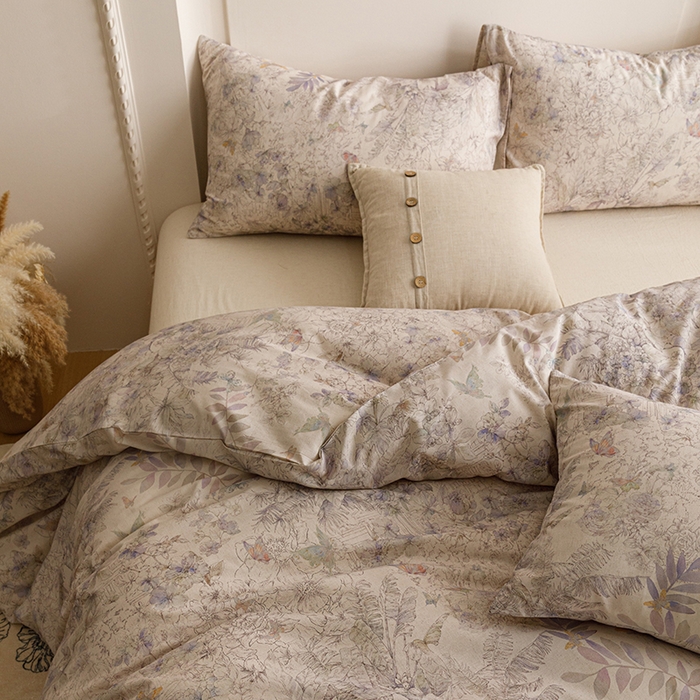 91家纺网 家纺一手货源 找家纺 爱思佳 2025新款棉麻数码印花四件套 花蝶-紫