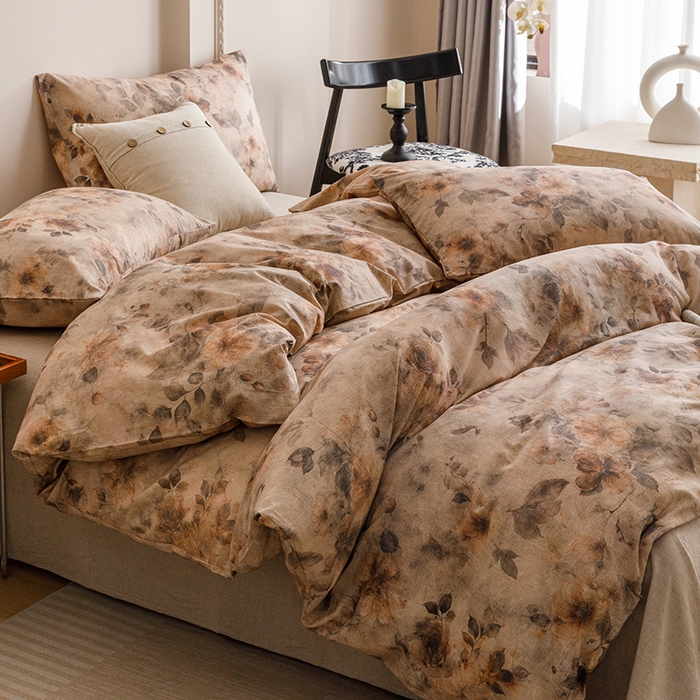 爱思佳 2025新款棉麻数码印花四件套 花间墨韵-咖