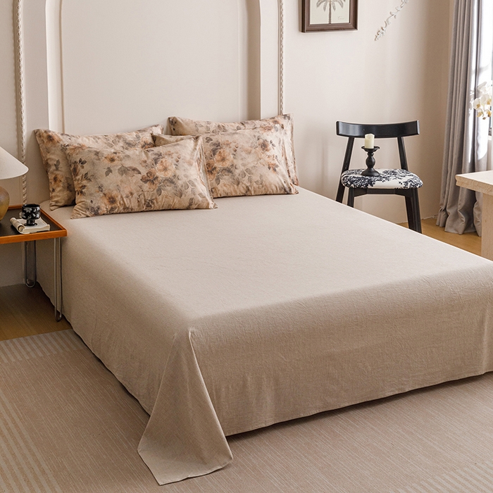 91家纺网 家纺一手货源 找家纺 爱思佳 2025新款棉麻数码印花四件套 花间墨韵-咖