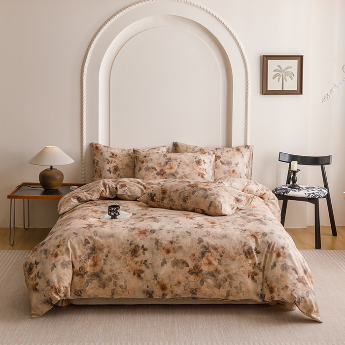 91家纺网 家纺一手货源 找家纺 爱思佳 2025新款棉麻数码印花四件套 花间墨韵-咖