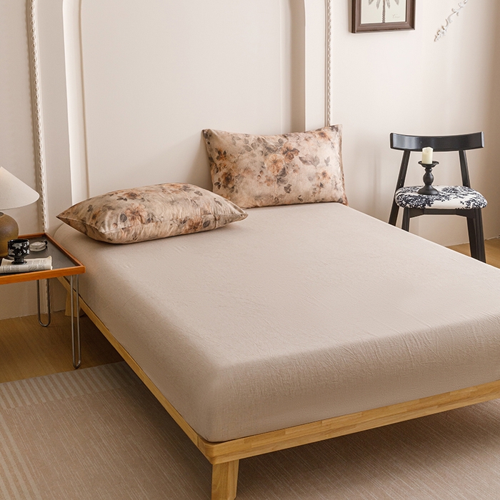 91家纺网 家纺一手货源 找家纺 爱思佳 2025新款棉麻数码印花四件套 花间墨韵-咖