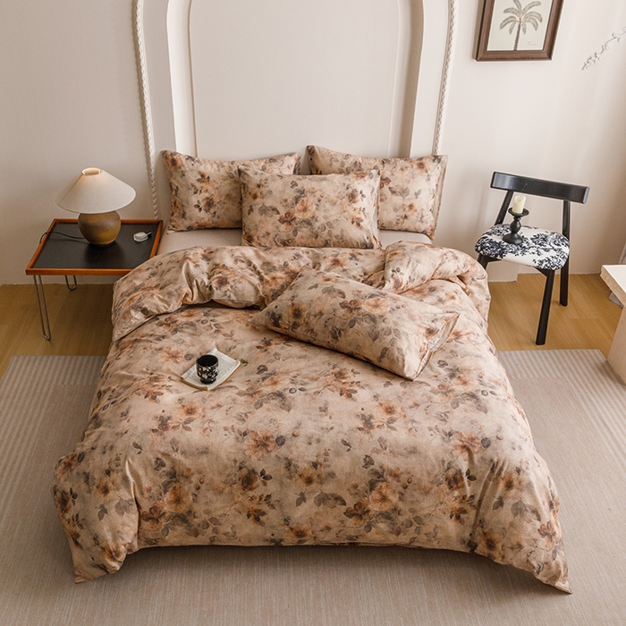 91家纺网 家纺一手货源 找家纺 爱思佳 2025新款棉麻数码印花四件套 花间墨韵-咖