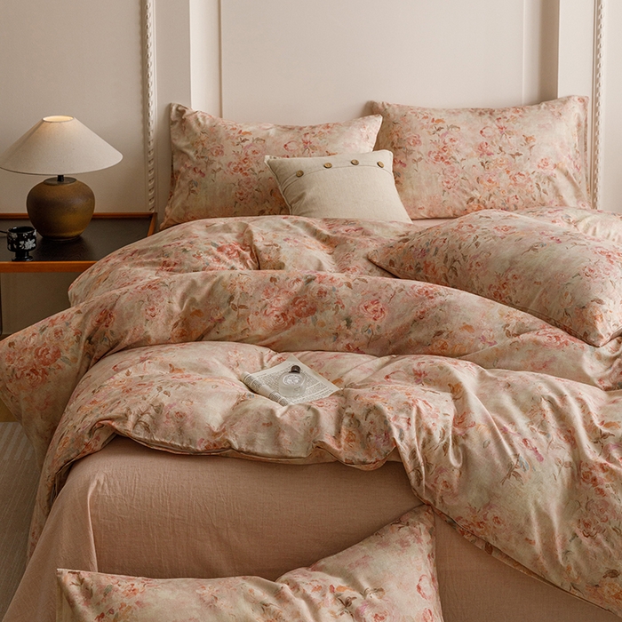 91家纺网 家纺一手货源 找家纺 爱思佳 2025新款棉麻数码印花四件套 花影柔