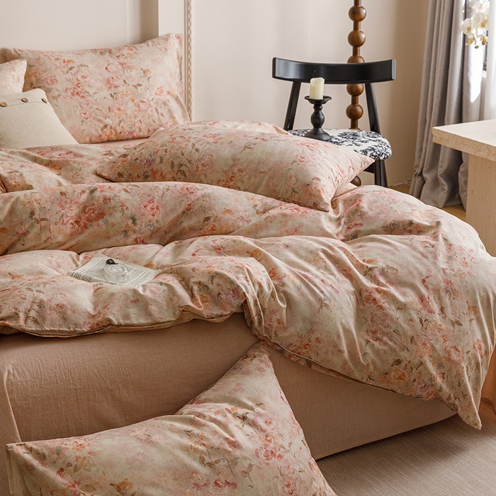 91家纺网 家纺一手货源 找家纺 爱思佳 2025新款棉麻数码印花四件套 花影柔