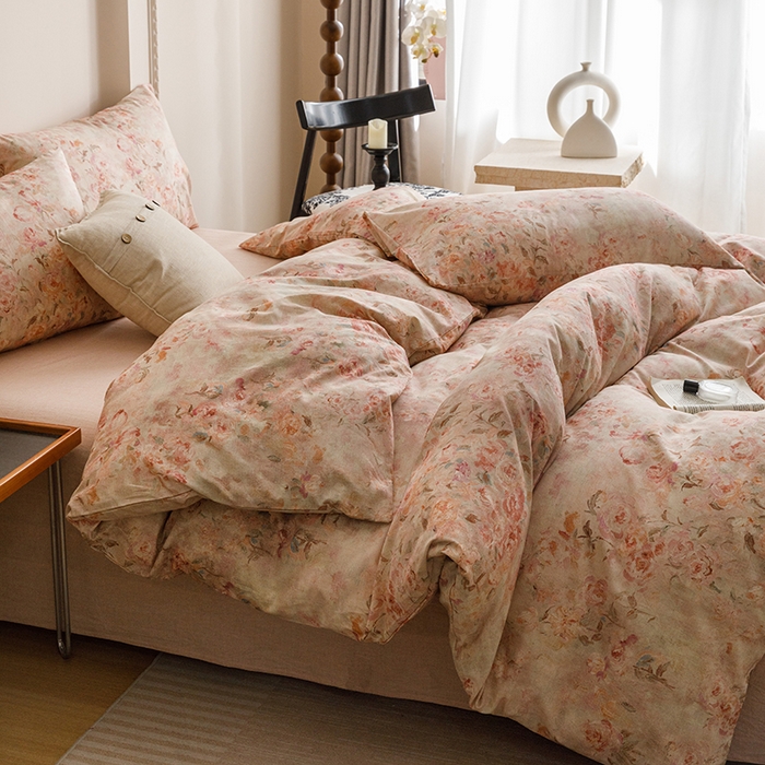 91家纺网 家纺一手货源 找家纺 爱思佳 2025新款棉麻数码印花四件套 花影柔