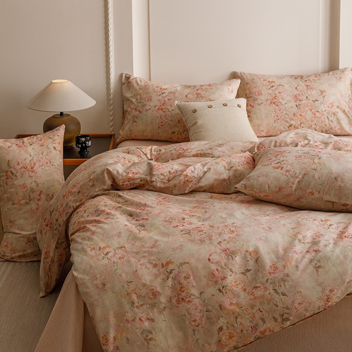 91家纺网 家纺一手货源 找家纺 爱思佳 2025新款棉麻数码印花四件套 花影柔