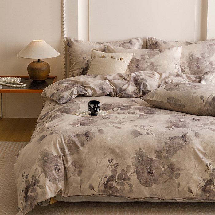 91家纺网 家纺一手货源 找家纺 爱思佳 2025新款棉麻数码印花四件套 素潇-灰