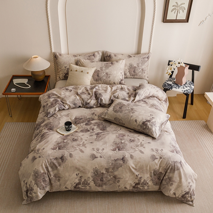 91家纺网 家纺一手货源 找家纺 爱思佳 2025新款棉麻数码印花四件套 素潇-灰