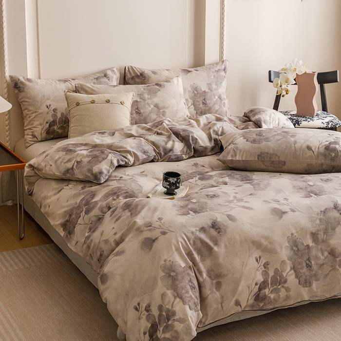 91家纺网 家纺一手货源 找家纺 爱思佳 2025新款棉麻数码印花四件套 素潇-灰