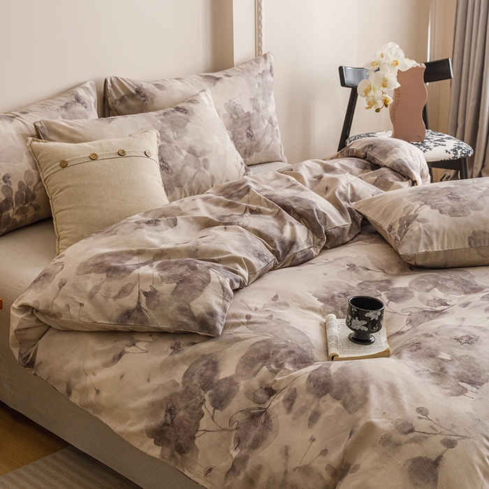 91家纺网 家纺一手货源 找家纺 爱思佳 2025新款棉麻数码印花四件套 素潇-灰