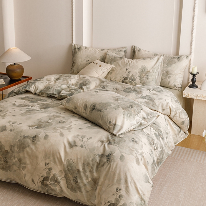 91家纺网 家纺一手货源 找家纺 爱思佳 2025新款棉麻数码印花四件套 素潇-绿