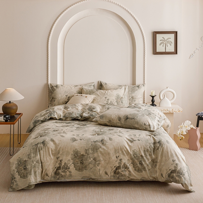 91家纺网 家纺一手货源 找家纺 爱思佳 2025新款棉麻数码印花四件套 素潇-绿