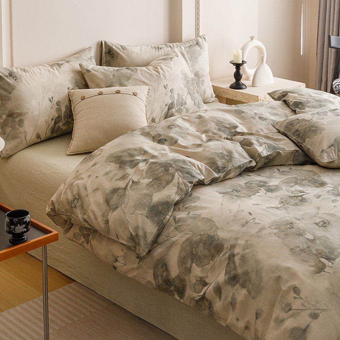 91家纺网 家纺一手货源 找家纺 爱思佳 2025新款棉麻数码印花四件套 素潇-绿