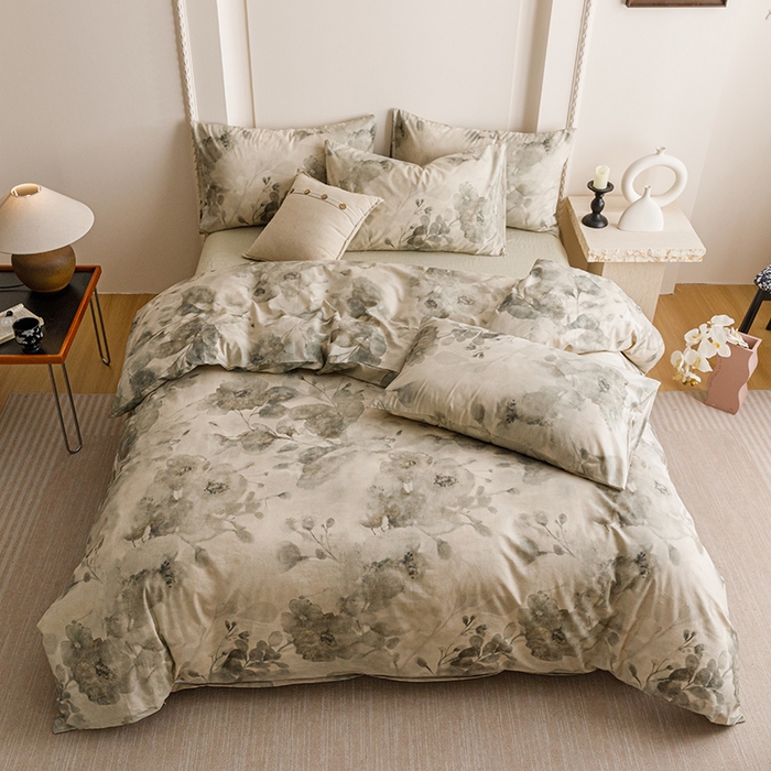 91家纺网 家纺一手货源 找家纺 爱思佳 2025新款棉麻数码印花四件套 素潇-绿