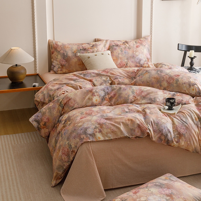 91家纺网 家纺一手货源 找家纺 爱思佳 2025新款棉麻数码印花四件套 雅菲韵-粉