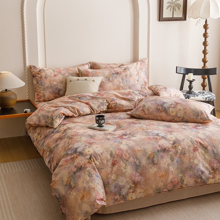 91家纺网 家纺一手货源 找家纺 爱思佳 2025新款棉麻数码印花四件套 雅菲韵-粉