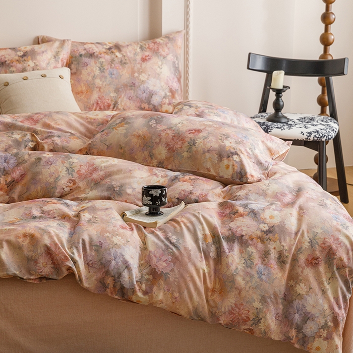 91家纺网 家纺一手货源 找家纺 爱思佳 2025新款棉麻数码印花四件套 雅菲韵-粉