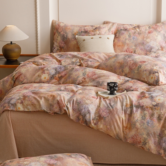 91家纺网 家纺一手货源 找家纺 爱思佳 2025新款棉麻数码印花四件套 雅菲韵-粉