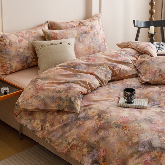 91家纺网 家纺一手货源 找家纺 爱思佳 2025新款棉麻数码印花四件套 雅菲韵-粉