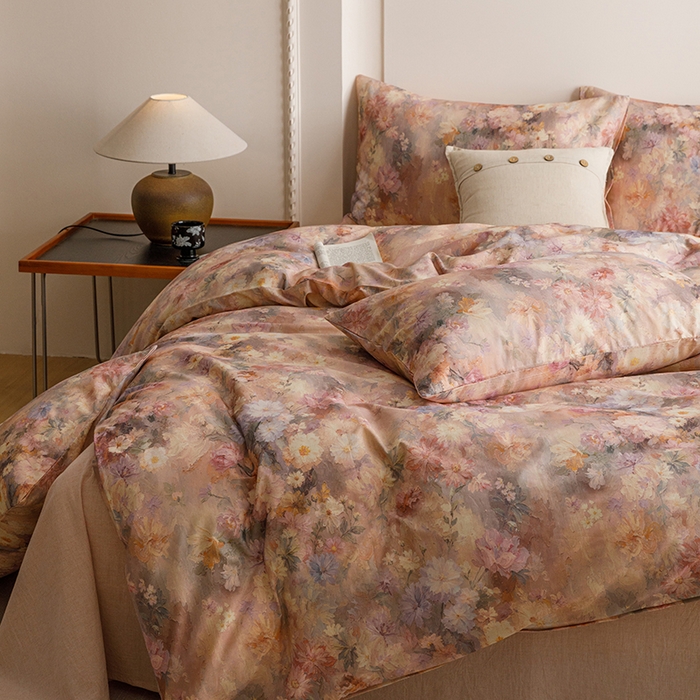 91家纺网 家纺一手货源 找家纺 爱思佳 2025新款棉麻数码印花四件套 雅菲韵-粉