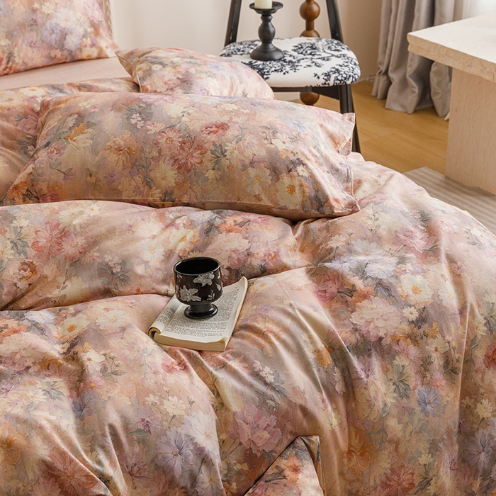 91家纺网 家纺一手货源 找家纺 爱思佳 2025新款棉麻数码印花四件套 雅菲韵-粉