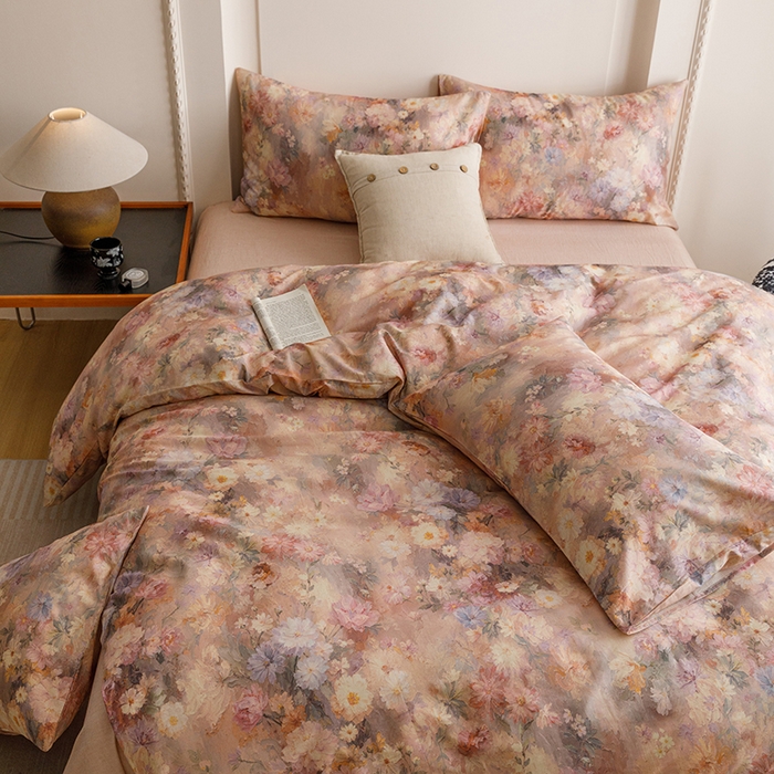 91家纺网 家纺一手货源 找家纺 爱思佳 2025新款棉麻数码印花四件套 雅菲韵-粉