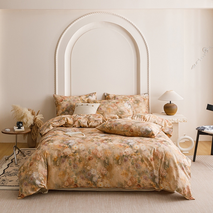 91家纺网 家纺一手货源 找家纺 爱思佳 2025新款棉麻数码印花四件套 雅菲韵-咖