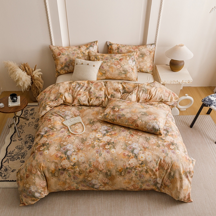 91家纺网 家纺一手货源 找家纺 爱思佳 2025新款棉麻数码印花四件套 雅菲韵-咖