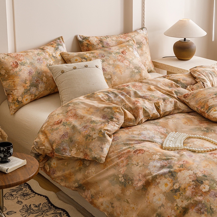 91家纺网 家纺一手货源 找家纺 爱思佳 2025新款棉麻数码印花四件套 雅菲韵-咖