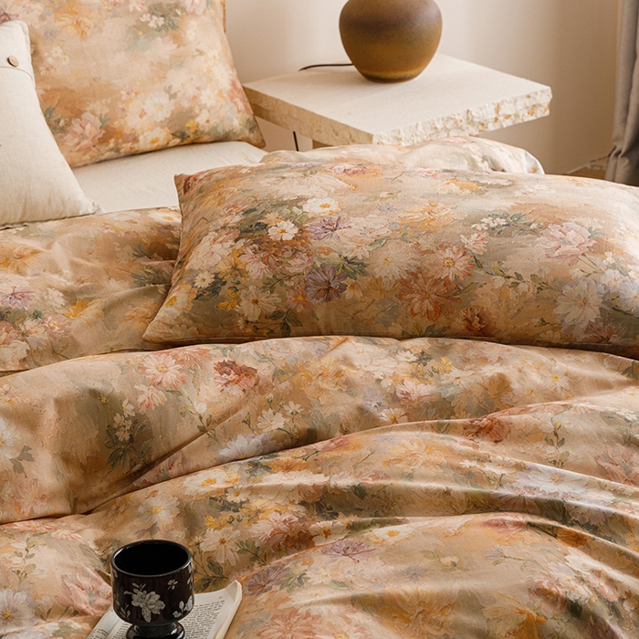 91家纺网 家纺一手货源 找家纺 爱思佳 2025新款棉麻数码印花四件套 雅菲韵-咖