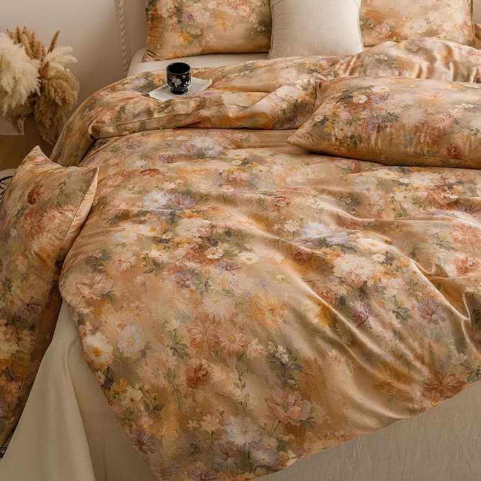 91家纺网 家纺一手货源 找家纺 爱思佳 2025新款棉麻数码印花四件套 雅菲韵-咖