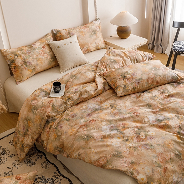 91家纺网 家纺一手货源 找家纺 爱思佳 2025新款棉麻数码印花四件套 雅菲韵-咖