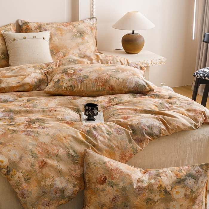 91家纺网 家纺一手货源 找家纺 爱思佳 2025新款棉麻数码印花四件套 雅菲韵-咖