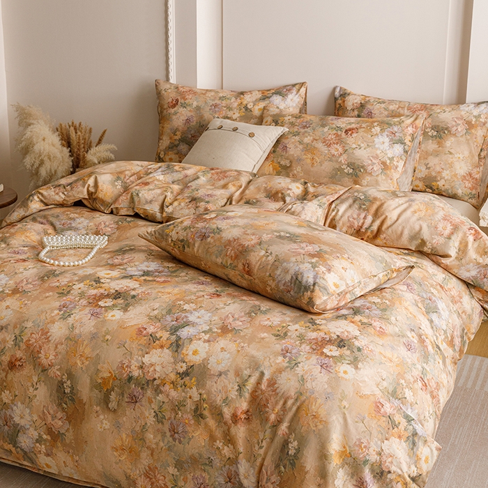 91家纺网 家纺一手货源 找家纺 爱思佳 2025新款棉麻数码印花四件套 雅菲韵-咖