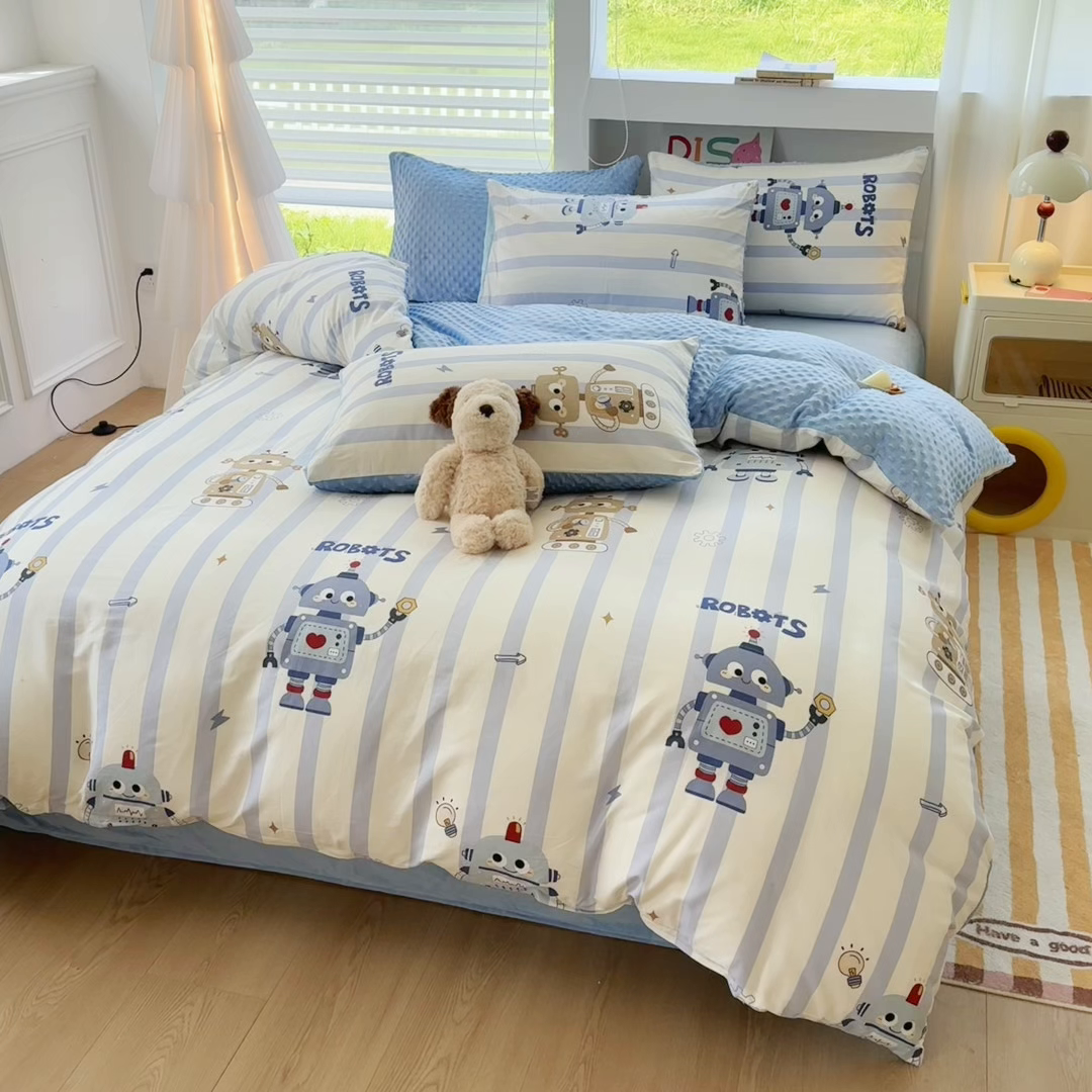 91家纺网 家纺一手货源 找家纺 丫丫家纺 2025学生季全棉高克重豆豆绒三四件套加厚保暖婴儿绒牛奶绒单被套单人双人被套加大号棉加绒三四件套  机器人